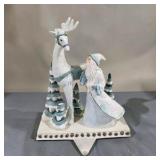 Pair of White Santa With Reindeer Winter stocking hanger Figurines – Blue/White Christmas Décor