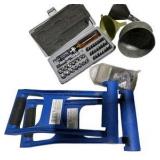 Mixed Hardware & Tool Lot – Wall Brackets, Stakes, Battery Charger, Router Bit Sharpener, Straps
