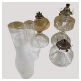 Vintage Glass Oil Lamp Lot With Chimneys Burners & Bases