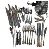 Mixed flatware, silver plated utensils & Kitchen Utensil Lot, Electric Coffee Pot, Bottle Openers & Hand Mixer