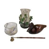 Mixed Home Décor Lot – Wooden Duck, Glass jar with handle, Metal Leaf candle Holder & candle snuffer
