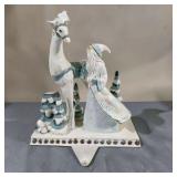 Pair of White Santa With Reindeer Winter stocking hanger Figurines – Blue/White Christmas Décor