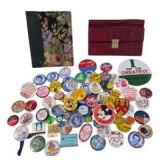 Vintage Pinback Button Lot, Photo Album & Red Organizer Case