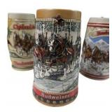 3 Budweiser Clydesdale Beer Steins Anheuser-Busch Collector Series Holiday Lot