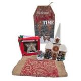 Christmas Decor Lot: LED Star Tree Topper, Santa Sack, Nativity Ornament & Ceramic Church