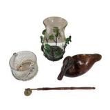 Mixed Home Décor Lot – Wooden Duck, Glass jar with handle, Metal Leaf candle Holder & candle snuffer