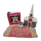 Christmas Decor Lot: LED Star Tree Topper, Santa Sack, Nativity Ornament & Ceramic Church