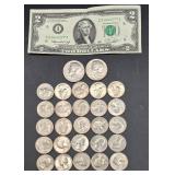 United States Bicentennial Coin Lot 3 - 25 Bicentennial Quarters, 2 Kennedy Bicentennial Half Dollars and Series 1976 $2 Bill