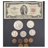 Collection of United States Coins and Currency - 6 US Lincoln Wheat Cents, 1953 Red Seal $2 Bill, 3 Susan B Anthony Dollars, 1968 Kennedy Half Dollar and 1972 Eisenhower Dollar