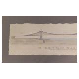 1999 Famous Bridge Framed Art Print of the Golden Gate Bridge Architectural Drawing- Printed on Hand Torn Paper and Floated on Matboard by Dayton Hudson