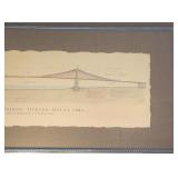 1999 Famous Bridge Framed Art Print of the Golden Gate Bridge Architectural Drawing- Printed on Hand Torn Paper and Floated on Matboard by Dayton Hudson