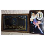 Vintage Lowenbrau Dark Special Bar Mirror and 1992 St Pauli Girl Tin Embossed Beer Sign