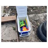 Igloo Cooler with Sand Toys, Wooden Sandbox Frame, and Misc. Yard Items