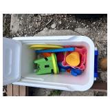 Igloo Cooler with Sand Toys, Wooden Sandbox Frame, and Misc. Yard Items
