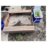 Igloo Cooler with Sand Toys, Wooden Sandbox Frame, and Misc. Yard Items