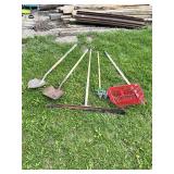 Lot of Garden and Yard Tools Including Shovels, Squeegee, Garden Cultivator, Leaf Rake Basket