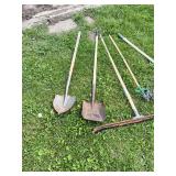 Lot of Garden and Yard Tools Including Shovels, Squeegee, Garden Cultivator, Leaf Rake Basket