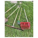 Lot of Garden and Yard Tools Including Shovels, Squeegee, Garden Cultivator, Leaf Rake Basket