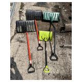 Lot of 4 Snow Shovels Including Black, Green and Lime Green Plastic