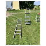 Lot of Ladders Including 10-Foot Extension Ladder Section and a Step Ladder
