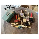 Paint brushes including Master Tech 4" Paint Brush, Varathane Pure Bristle Brush, and Varnish 3" Brush with VIntage Liberty Steel Toolbox
