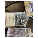Paint brushes including Master Tech 4" Paint Brush, Varathane Pure Bristle Brush, and Varnish 3" Brush with VIntage Liberty Steel Toolbox