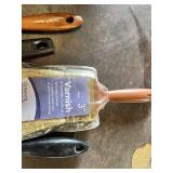 Paint brushes including Master Tech 4" Paint Brush, Varathane Pure Bristle Brush, and Varnish 3" Brush with VIntage Liberty Steel Toolbox