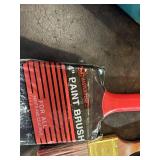 Paint brushes including Master Tech 4" Paint Brush, Varathane Pure Bristle Brush, and Varnish 3" Brush with VIntage Liberty Steel Toolbox