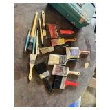Paint brushes including Master Tech 4" Paint Brush, Varathane Pure Bristle Brush, and Varnish 3" Brush with VIntage Liberty Steel Toolbox