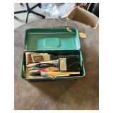 Paint brushes including Master Tech 4" Paint Brush, Varathane Pure Bristle Brush, and Varnish 3" Brush with VIntage Liberty Steel Toolbox