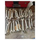 Lot of Combination Wrenches in Various SAE Sizes Including Pittsburgh, True-Grip, Olympia, Crescent, Gedore, and USA-Made Brands with Keter 13 Inch All Purpose Tool Box
