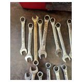 Lot of Combination Wrenches in Various SAE Sizes Including Pittsburgh, True-Grip, Olympia, Crescent, Gedore, and USA-Made Brands with Keter 13 Inch All Purpose Tool Box