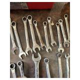 Lot of Combination Wrenches in Various SAE Sizes Including Pittsburgh, True-Grip, Olympia, Crescent, Gedore, and USA-Made Brands with Keter 13 Inch All Purpose Tool Box