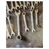Lot of Combination Wrenches in Various SAE Sizes Including Pittsburgh, True-Grip, Olympia, Crescent, Gedore, and USA-Made Brands with Keter 13 Inch All Purpose Tool Box