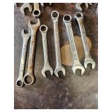 Lot of Combination Wrenches in Various SAE Sizes Including Pittsburgh, True-Grip, Olympia, Crescent, Gedore, and USA-Made Brands with Keter 13 Inch All Purpose Tool Box