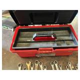 Lot of Combination Wrenches in Various SAE Sizes Including Pittsburgh, True-Grip, Olympia, Crescent, Gedore, and USA-Made Brands with Keter 13 Inch All Purpose Tool Box