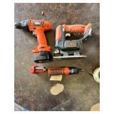 Black and Decker Power Tool Lot including 12V Cordless Drill, Jigsaw Body, Battery-Powered Screwdriver and AA Battery Holder - Unteseted