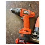 Black and Decker Power Tool Lot including 12V Cordless Drill, Jigsaw Body, Battery-Powered Screwdriver and AA Battery Holder - Unteseted