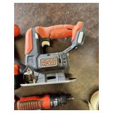 Black and Decker Power Tool Lot including 12V Cordless Drill, Jigsaw Body, Battery-Powered Screwdriver and AA Battery Holder - Unteseted