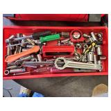 Red Plastic Toolbox with Stanley and Husky Sockets, Screwdrivers, Wrenches, Tape Measure, Rope and Assorted Hardware