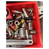 Red Plastic Toolbox with Stanley and Husky Sockets, Screwdrivers, Wrenches, Tape Measure, Rope and Assorted Hardware