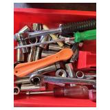 Red Plastic Toolbox with Stanley and Husky Sockets, Screwdrivers, Wrenches, Tape Measure, Rope and Assorted Hardware