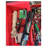 Red Plastic Toolbox with Stanley and Husky Sockets, Screwdrivers, Wrenches, Tape Measure, Rope and Assorted Hardware