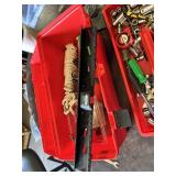 Red Plastic Toolbox with Stanley and Husky Sockets, Screwdrivers, Wrenches, Tape Measure, Rope and Assorted Hardware