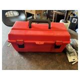 Red Plastic Toolbox with Stanley and Husky Sockets, Screwdrivers, Wrenches, Tape Measure, Rope and Assorted Hardware