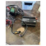 Masterforce 410W Power Converter and Deltran Battery Tender Junior Automatic Battery Charger with Accessories in Storage Bin
