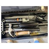 Stack-On Tool Box with Black and Decker Cordless Screwdriver, Tool Shop Soldering Gun, Hammer, Screwdrivers, Solder Wire, Eveready Flashlight and Assorted Hand Tools