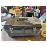 Stack-On Tool Box with Black and Decker Cordless Screwdriver, Tool Shop Soldering Gun, Hammer, Screwdrivers, Solder Wire, Eveready Flashlight and Assorted Hand Tools
