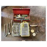 Lot of Hand Tool Accessories including Masterforce Screwdriver Bit Set, 32-Piece Bit Set in Yellow Case, Red Metal Toolbox with Assorted Screwdriver Bits, Tire Pressure Gauges, Feeler Gauge Set, and M