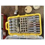 Lot of Hand Tool Accessories including Masterforce Screwdriver Bit Set, 32-Piece Bit Set in Yellow Case, Red Metal Toolbox with Assorted Screwdriver Bits, Tire Pressure Gauges, Feeler Gauge Set, and M